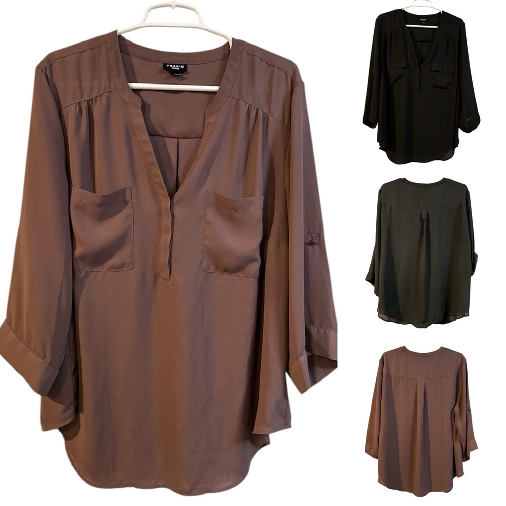 Torrid Harper Blouse Bundle of 2 3/4 Tab Sleeve Tops Black Mauve Women’s Size 2X